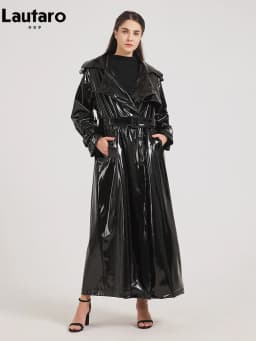Lautaro Spring Autumn Extra Long Black Shiny Reflective Soft Stretchy Patent Leather Trench Coat for Women Maxi Overcoat 2024