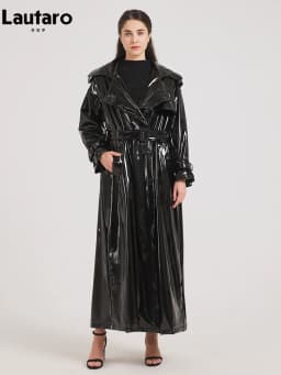 Lautaro Spring Autumn Extra Long Black Shiny Reflective Soft Stretchy Patent Leather Trench Coat for Women Maxi Overcoat 2024