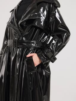 Lautaro Spring Autumn Extra Long Black Shiny Reflective Soft Stretchy Patent Leather Trench Coat for Women Maxi Overcoat 2024