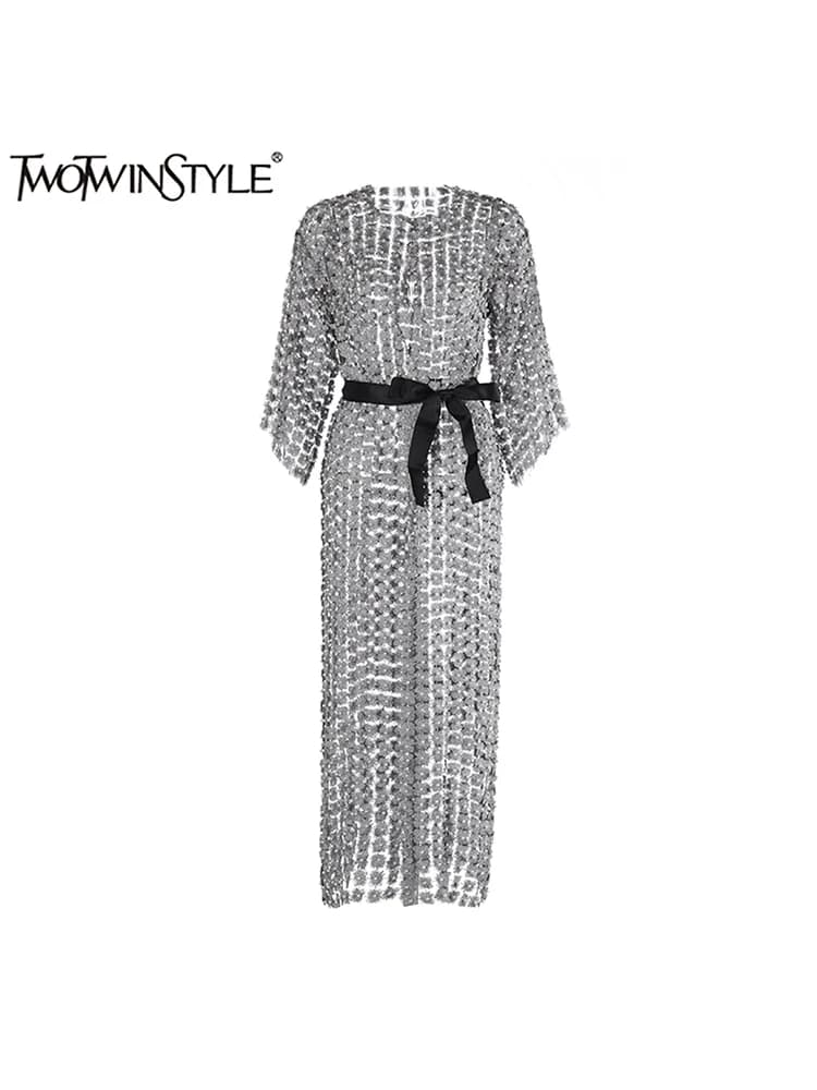 TWOTWINSTYLE Solid Patchwork Pearls Elegant Dresses For Women O Neck Long Sleeve Spliced Bowknot Midi Slimming Dress Female New