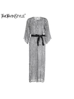 TWOTWINSTYLE Solid Patchwork Pearls Elegant Dresses For Women O Neck Long Sleeve Spliced Bowknot Midi Slimming Dress Female New