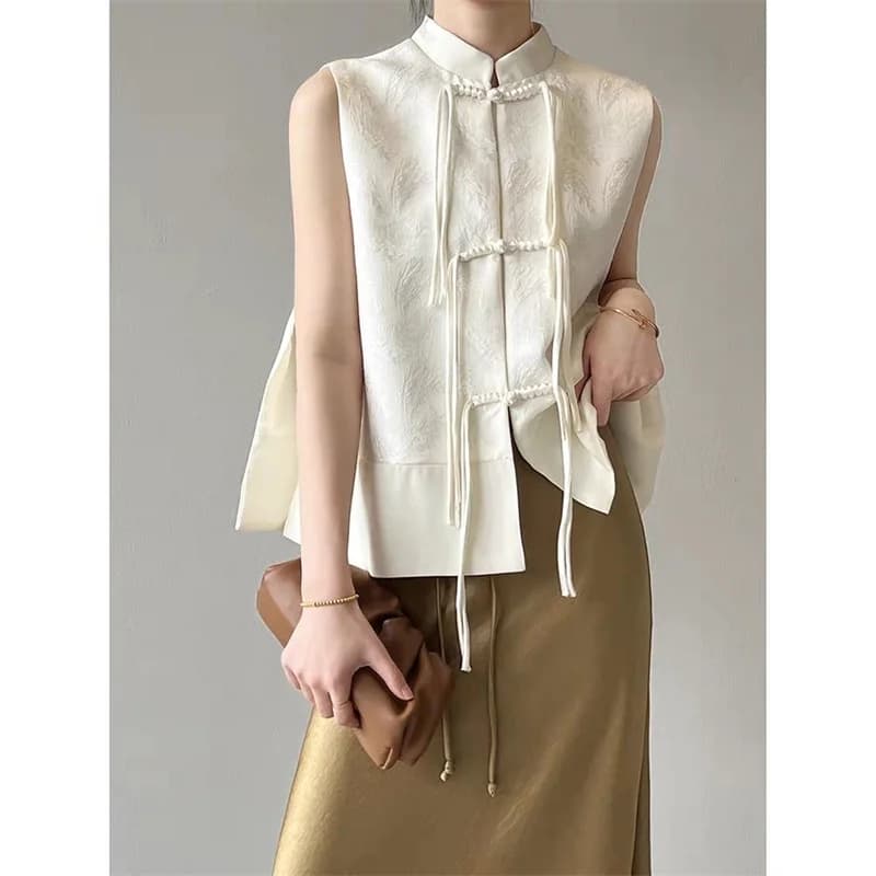 Chinese New Plate Button Vest Jacket 2025 Spring New Jacquard Stand Collar Sleeveless Waistcoat Retro Women Cheongsam Tops