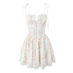 YENKYE Sexy Elegant Women Lace Patchwork Floral Print Sling Mini Dress Low Waist A-line Summer Holiday Party Dresses Pretty Robe