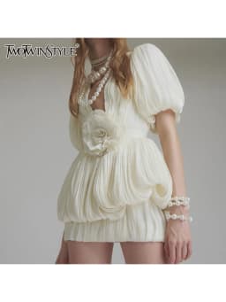 TWOTWINSTYLE Solid Spliced Appliques Slimming Dresses For Women Deep V Neck Short Sleeve High Waist Temperament Dress Female New