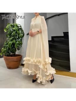 TWOTWINSTYLE Solid Slimming Dresses For Women V Neck Long Sleeve High Waist Temperament Elehant Dress Female Fashion Style New