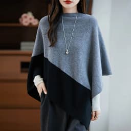 Women 100% Merino Wool Cloak Pullover Shawl Grace Simple Style Office Lady Mid Long Contrasting Cloak Autumn Winter Cashmere Top