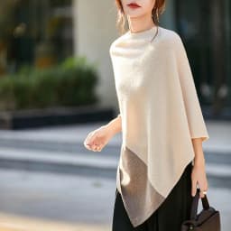 Women 100% Merino Wool Cloak Pullover Shawl Grace Simple Style Office Lady Mid Long Contrasting Cloak Autumn Winter Cashmere Top