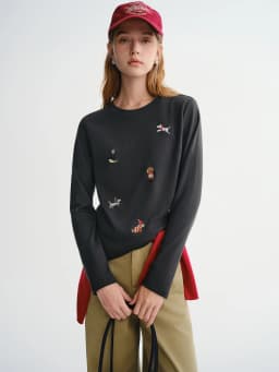 DUSHU Puppy Fun Embroidered Thin Fleece Long Sleeve T-shirt Women's Autumn and Winter Bottoming Shirt Top Sweet Casual