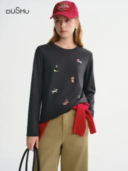 DUSHU Puppy Fun Embroidered Thin Fleece Long Sleeve T-shirt Women's Autumn and Winter Bottoming Shirt Top Sweet Casual