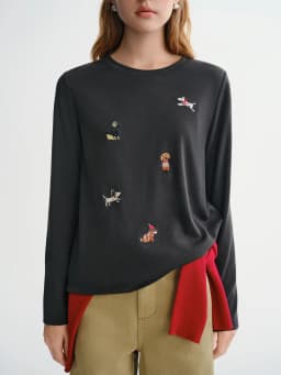 DUSHU Puppy Fun Embroidered Thin Fleece Long Sleeve T-shirt Women's Autumn and Winter Bottoming Shirt Top Sweet Casual