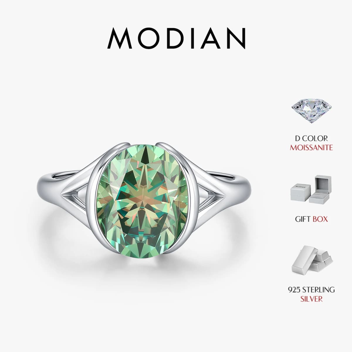 MODIAN 3CT Oval Green D Color Moissanite Ring 925 Sterling Silver Luxury Sparkling Jewelry Lab Diamond for Women Wedding Rings
