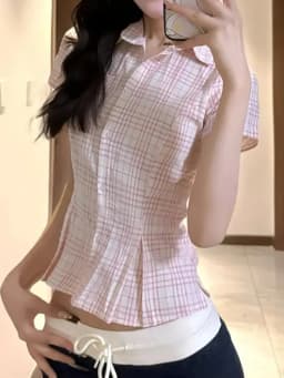 Women Slim Pink Plaid Shirt Sexy Cropped Amercian Vintage Short Sleeve Blouse Summer Causal Preppy Style Female Retro Sweet Tops