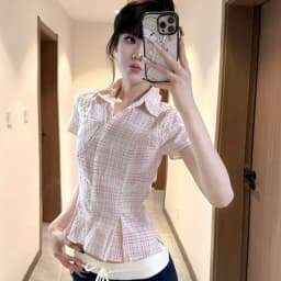 Women Slim Pink Plaid Shirt Sexy Cropped Amercian Vintage Short Sleeve Blouse Summer Causal Preppy Style Female Retro Sweet Tops