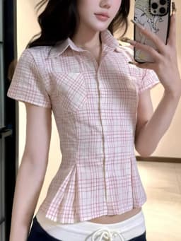 Women Slim Pink Plaid Shirt Sexy Cropped Amercian Vintage Short Sleeve Blouse Summer Causal Preppy Style Female Retro Sweet Tops