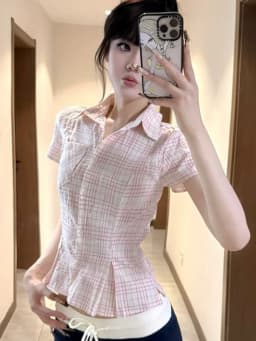 Women Slim Pink Plaid Shirt Sexy Cropped Amercian Vintage Short Sleeve Blouse Summer Causal Preppy Style Female Retro Sweet Tops