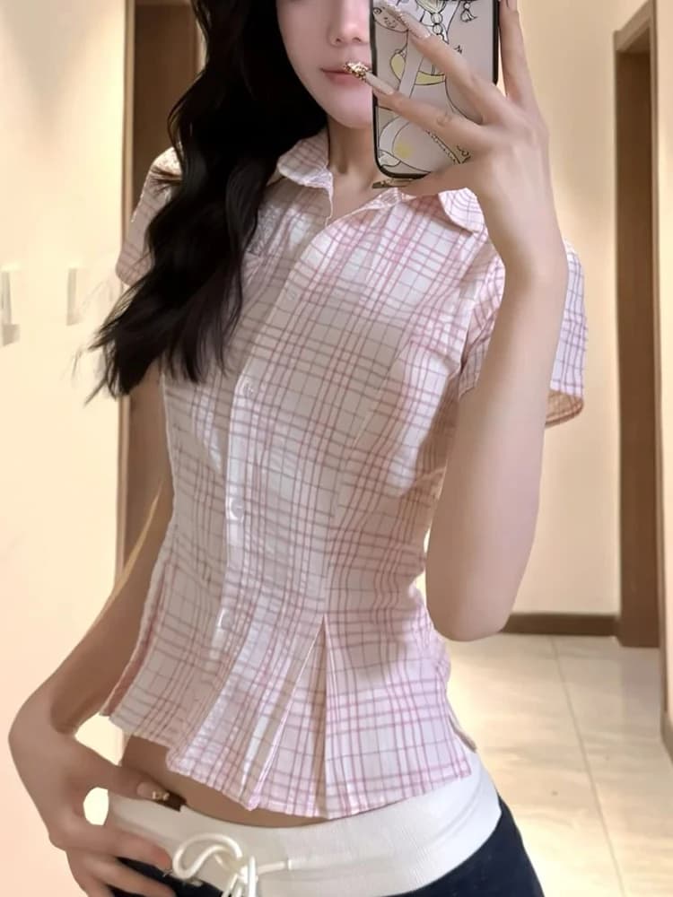 Women Slim Pink Plaid Shirt Sexy Cropped Amercian Vintage Short Sleeve Blouse Summer Causal Preppy Style Female Retro Sweet Tops