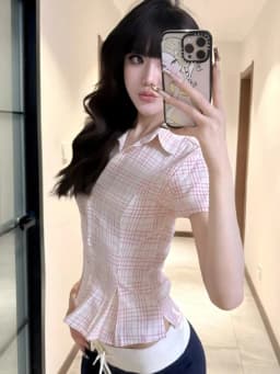 Women Slim Pink Plaid Shirt Sexy Cropped Amercian Vintage Short Sleeve Blouse Summer Causal Preppy Style Female Retro Sweet Tops