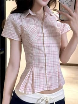 Women Slim Pink Plaid Shirt Sexy Cropped Amercian Vintage Short Sleeve Blouse Summer Causal Preppy Style Female Retro Sweet Tops