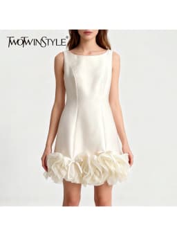 TWOTWINSTYLE Slimming Spliced 3D Flower Elegant Dresses for Women Square Neck Sleeveless Tunic Patchwork Bowknot Dress Female