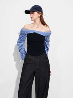 FSLE 2026 Spring Women's Off-Shoulder Blue Gingham Blouse - Elegant Ruffled Lapel Long Sleeve Top for Office Commute