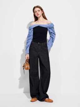 FSLE 2026 Spring Women's Off-Shoulder Blue Gingham Blouse - Elegant Ruffled Lapel Long Sleeve Top for Office Commute