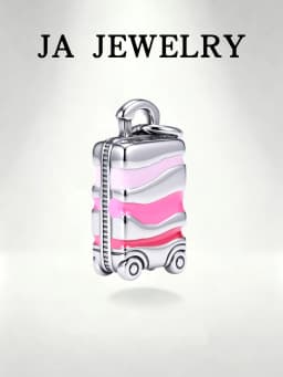 1pc S925 Sterling Silver Pink Gradient Suitcase Dangle Charm, Enamel Rolling Luggage Travel Bead, Fit Bracelet Necklace Fine Jew