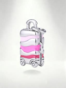 1pc S925 Sterling Silver Pink Gradient Suitcase Dangle Charm, Enamel Rolling Luggage Travel Bead, Fit Bracelet Necklace Fine Jew
