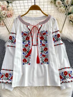 Women's Autumn Bohemian Blouse Ethnic Embroidered O-Neck Shirt Casual Bow Tie Loose Top Linen-cotton Female Pullovers Girl BL256