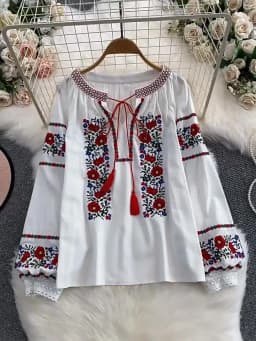 Women's Autumn Bohemian Blouse Ethnic Embroidered O-Neck Shirt Casual Bow Tie Loose Top Linen-cotton Female Pullovers Girl BL256