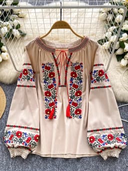 Women's Autumn Bohemian Blouse Ethnic Embroidered O-Neck Shirt Casual Bow Tie Loose Top Linen-cotton Female Pullovers Girl BL256