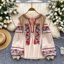 Women's Autumn Bohemian Blouse Ethnic Embroidered O-Neck Shirt Casual Bow Tie Loose Top Linen-cotton Female Pullovers Girl BL256