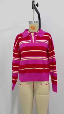 2026 Pink Red Striped Polo Knit Pullover - Women's Turn Down Collar Long Sleeve Loose Top, Spring Autumn Casual Wear for Daily