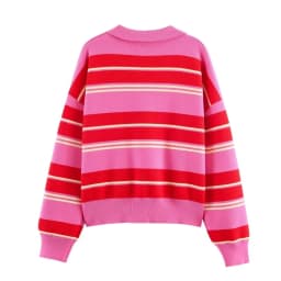 2026 Pink Red Striped Polo Knit Pullover - Women's Turn Down Collar Long Sleeve Loose Top, Spring Autumn Casual Wear for Daily