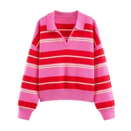 2026 Pink Red Striped Polo Knit Pullover - Women's Turn Down Collar Long Sleeve Loose Top, Spring Autumn Casual Wear for Daily