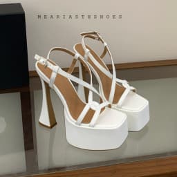 New Fashion Crystal Buckle Ankle Strap Platform Sandals Women Square Head White 16cm High Heels Wedding Banquet Shoes Size 40
