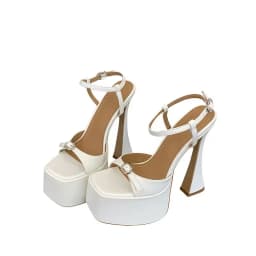New Fashion Crystal Buckle Ankle Strap Platform Sandals Women Square Head White 16cm High Heels Wedding Banquet Shoes Size 40