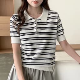 WinvyNee Summer Women's Pure Cotton Sweaters Polo T-Shirts White Half Sleeve Striped Tees Y2k Outerwears Pullover Tops ZA1523012