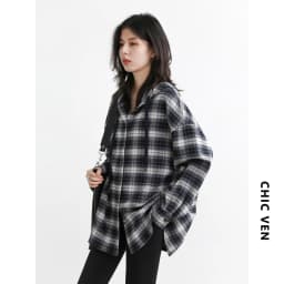 CHIC VEN Korean Women Shirt New Cotton Brushed Hooded Plaid Blouses Long Sleeved Oversize Female Coat Autumn Winter 2025