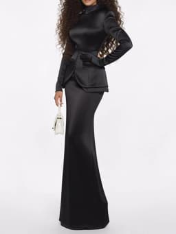 TWOTWINSTYLE Solid Slimming Two Piece Sets for Women Stand Neck Long Sleeves Tunic Top High Waist Skirt Elegant Set Female New
