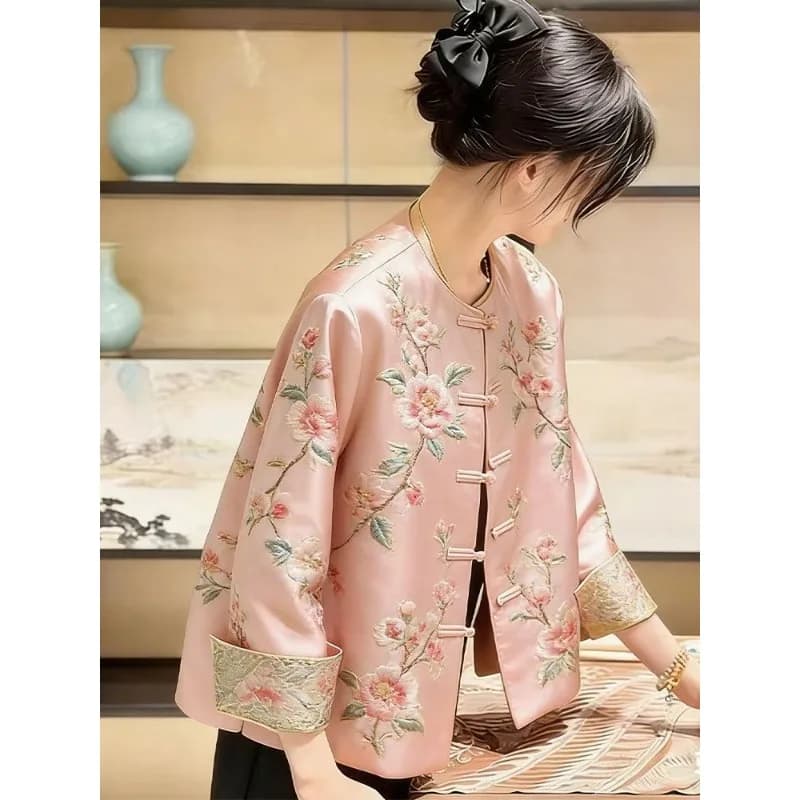 High Quality Print Coat Premium Sense New coat Women's Spring Autumn Jacket 2026 New Popular Retro Tang Top Pink Jacket