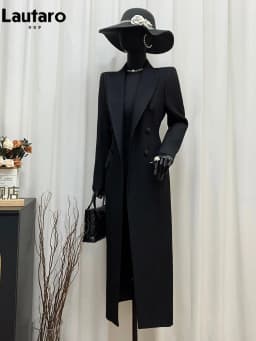 Lautaro Spring Autumn Long Black Fitted Blazer Coat for Women Double Breasted Elegant Luxury Chic European Fashion Overcoat 2025