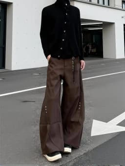 Y2k Streetwear Brown Baggy Pants Men Button Wide Leg Suit Pants Cleanfit Straight Long Curved Trouser Loose Casual