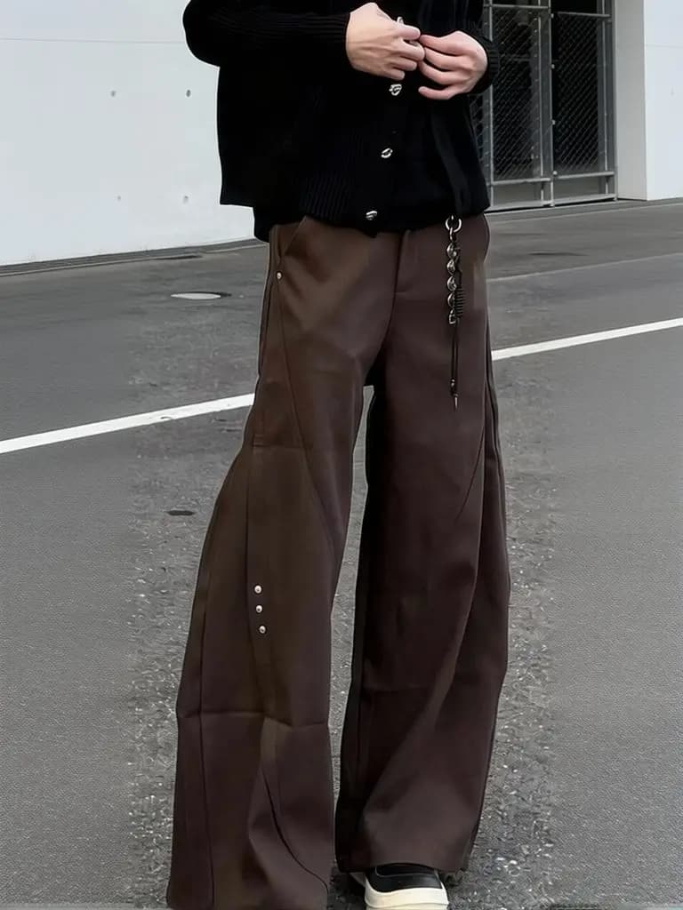 Y2k Streetwear Brown Baggy Pants Men Button Wide Leg Suit Pants Cleanfit Straight Long Curved Trouser Loose Casual