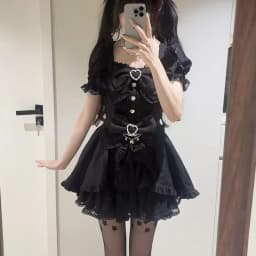 Japanese Style Lolita Dress Set Women Vintage Sweet Square Neck Lace Bow Short Sleeve Slim Party Dresses Ruffle Mini Cake Skirt