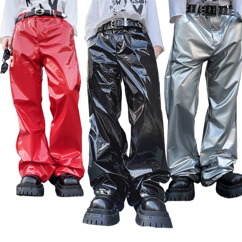 Shiny Black Red Silver Leather Pant Men Streetwear Fashion Hip Hop Punk Loose Casual Leather Pants Trousers Stage Clothes