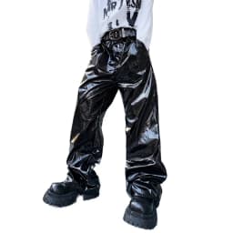 Shiny Black Red Silver Leather Pant Men Streetwear Fashion Hip Hop Punk Loose Casual Leather Pants Trousers Stage Clothes