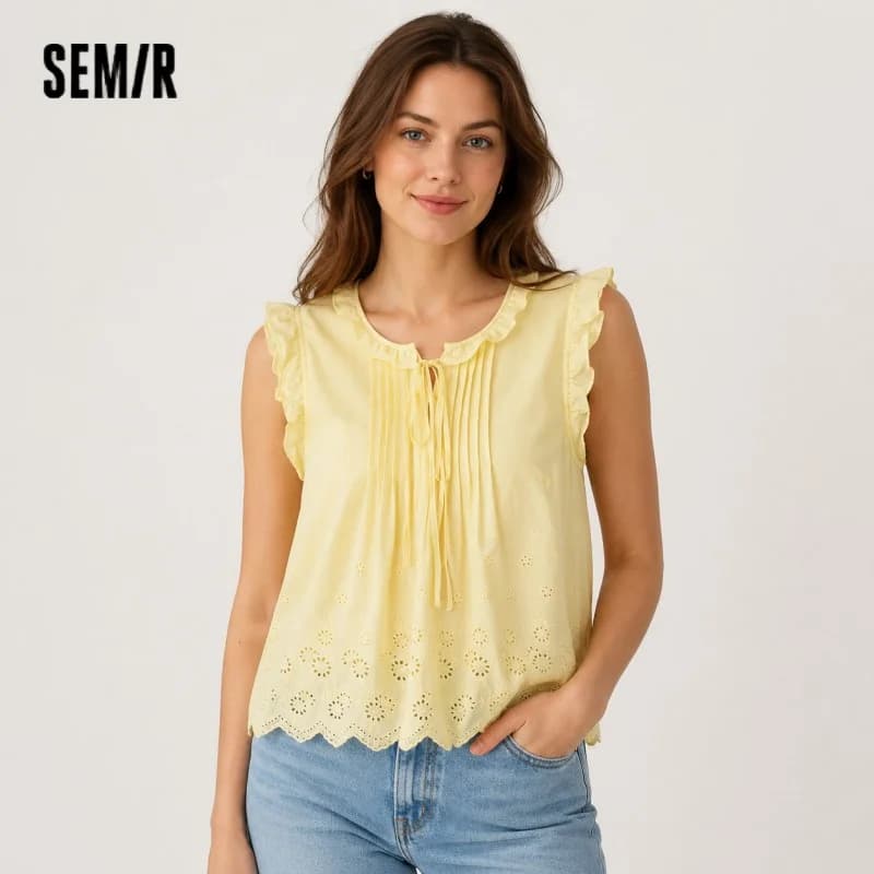 Semir Women Shirt Cotton Embroidered Bow Short Length Ruffle Lace Sweet Stylish 2026 Summer Casual Fashion Versatile Top