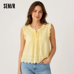 Semir Women Shirt Cotton Embroidered Bow Short Length Ruffle Lace Sweet Stylish 2026 Summer Casual Fashion Versatile Top