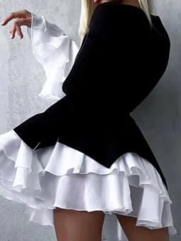 Elegant Button Slim Party Dress Fashion Contrast Color Long Sleeve A-line Dress Temperament Lady V-neck High Waist Pleated Dress
