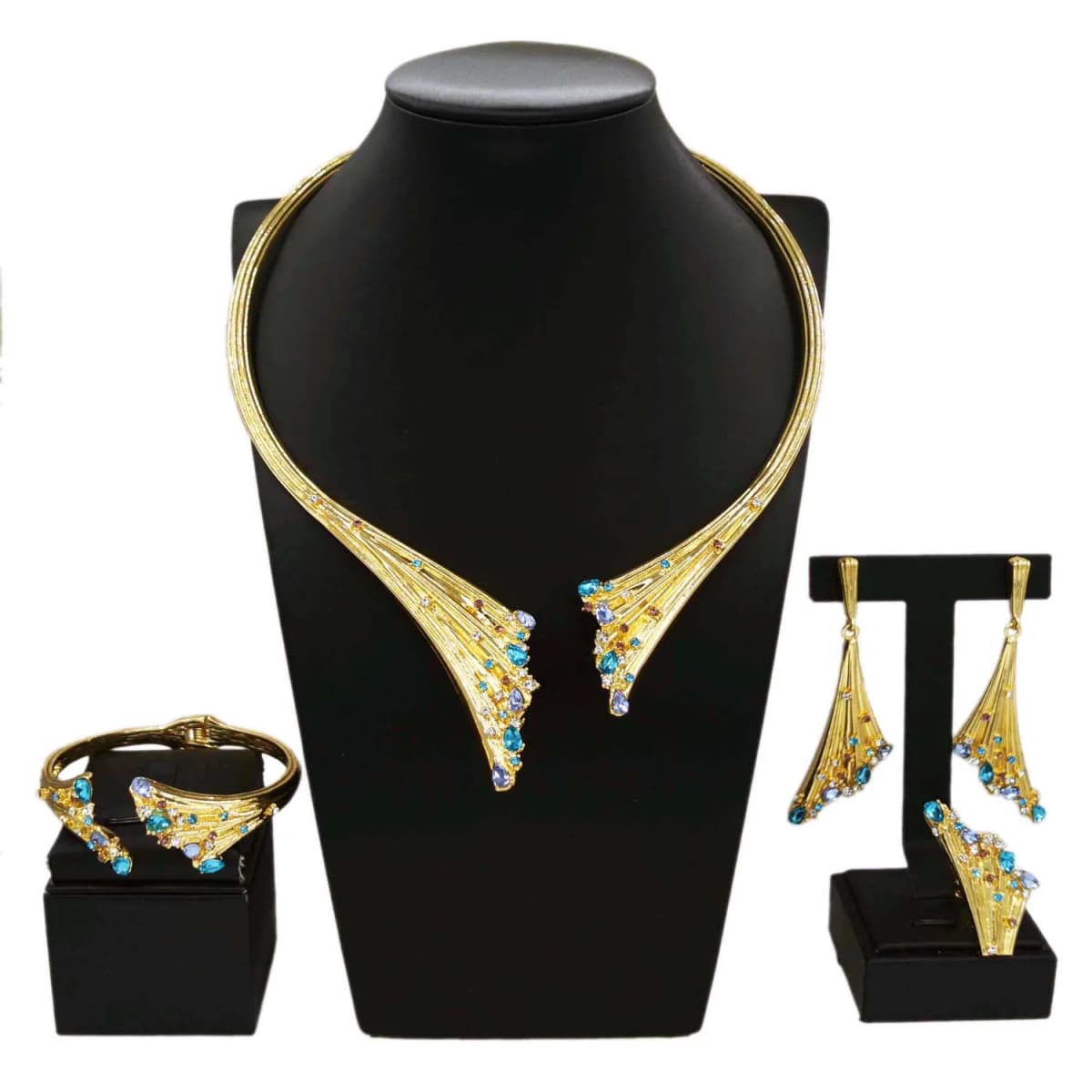 Dubai Gold Plated Woman Jewelry Set Women's Luxury Blue Stone Necklace Bracelet Ring Set Jewelry Sets Wedding Party
